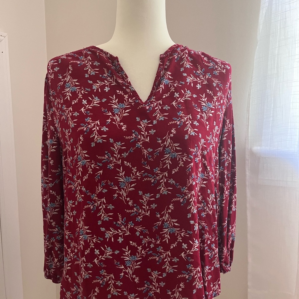 Fun 2 Fun Red Floral Blouse with Split V-Neck